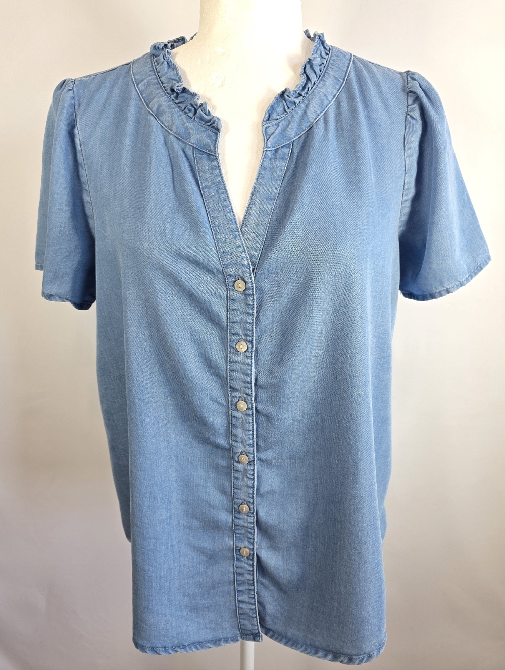 Frye Chambray Top Ruffle Neck Button Front Blue Blouse Size S